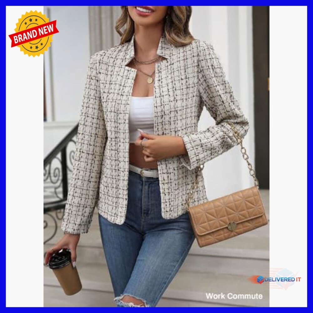 Lightweight Tweed Blazer Open Front Notch Collar Office Work Casual - Picture 3 of 7